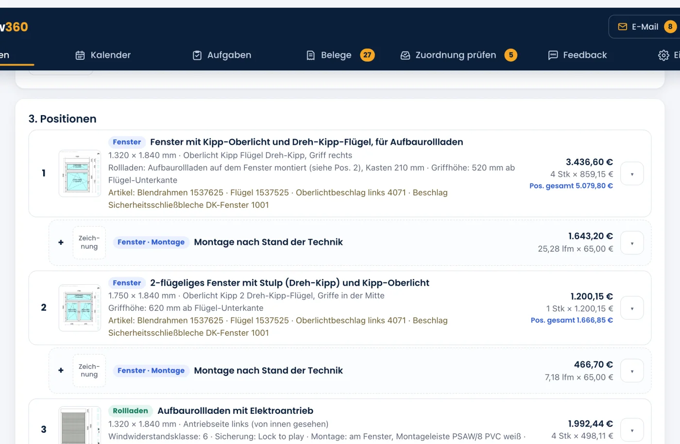 Angebot in WinFlow360 mit Positionen, Zeichnungen, Artikelnummern und Preisen
