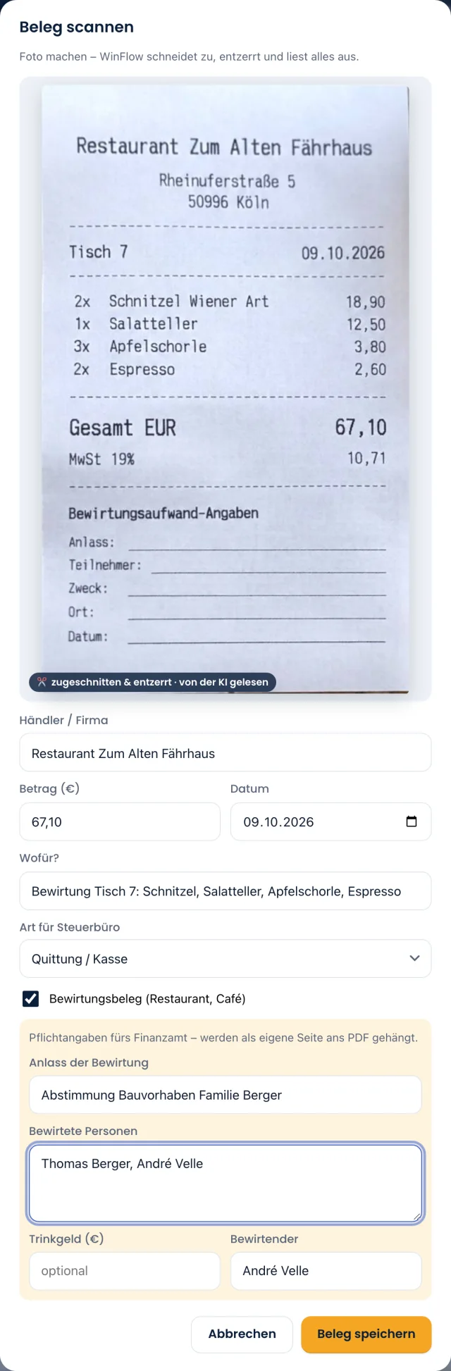 Belegscanner: Restaurantquittung zugeschnitten, Betrag und Datum ausgelesen, Bewirtungsangaben